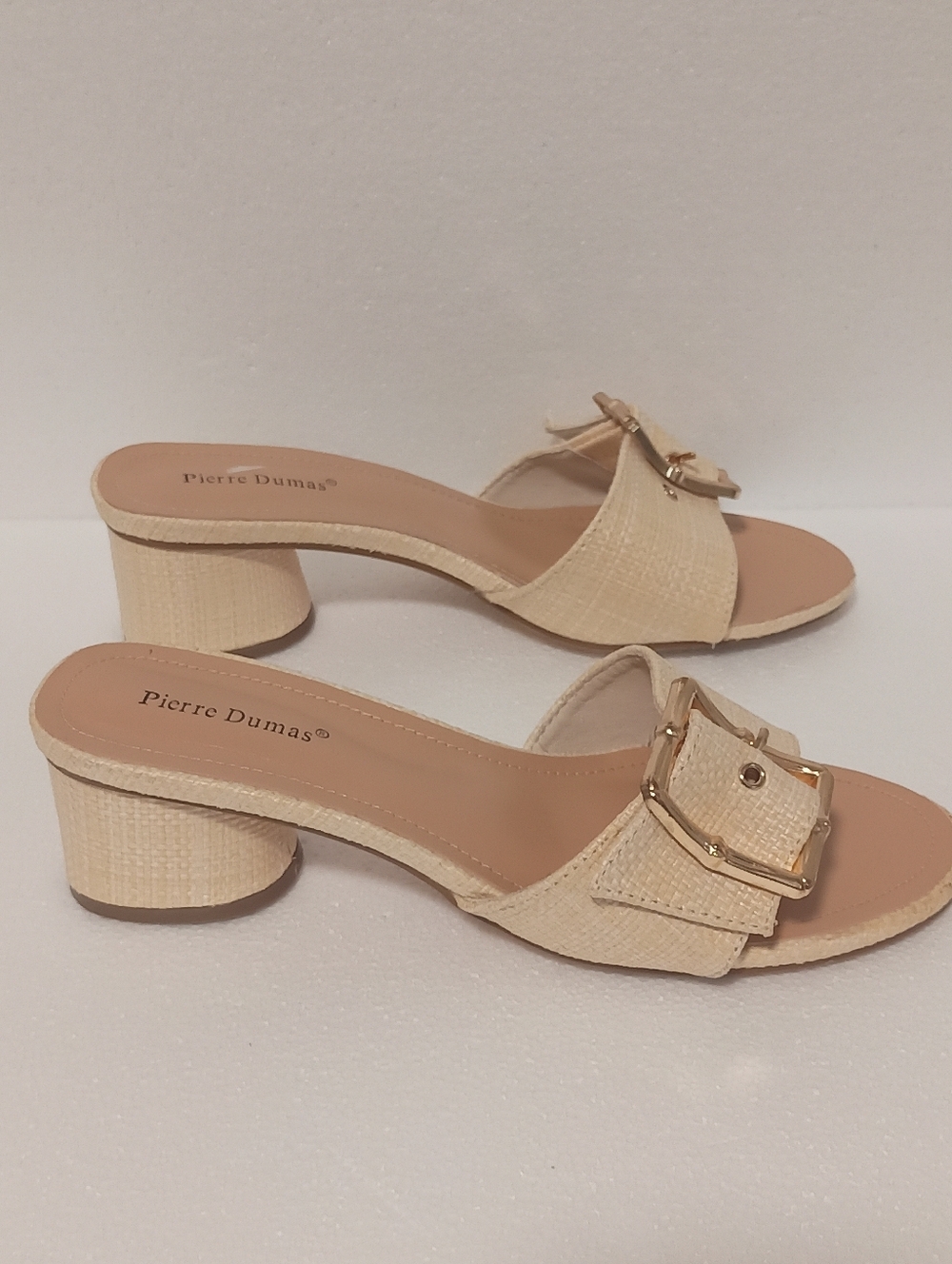 Pierre Dumas Beige Textured Buckle Block Heel Mules Sandals